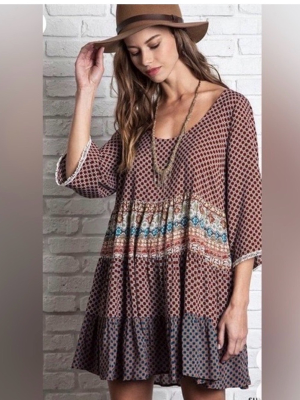 Umgee Women’s Boho Placement Print Back Tie Dress EUC S #1449